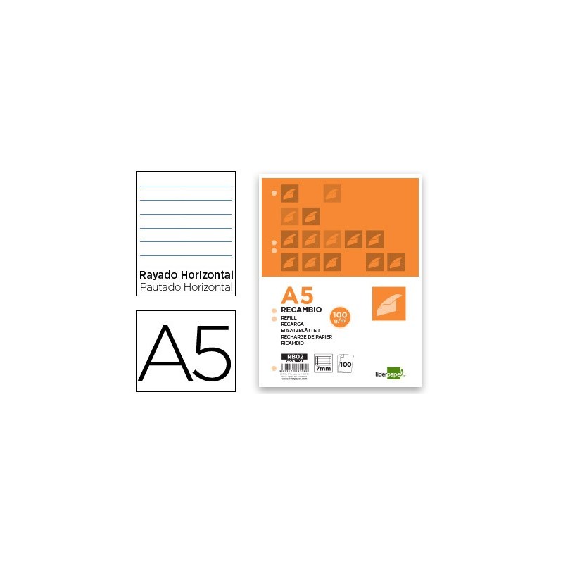 RECAMBIO LIDERPAPEL A5 100 HOJAS 100G/M2 HORIZONTAL CON MARGEN 6 TALADROS
