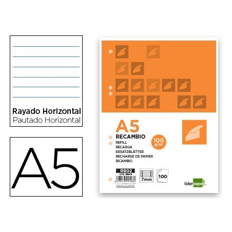 RECAMBIO LIDERPAPEL A5 100 HOJAS 100G/M2 HORIZONTAL CON MARGEN 6 TALADROS