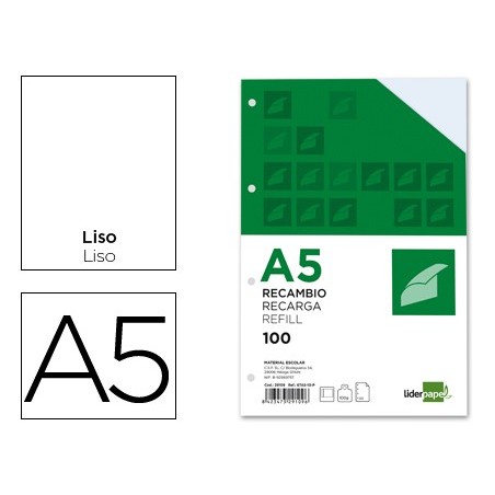RECAMBIO LIDERPAPEL DIN-A5 100 H LISO 6 TALADROS CON MARGEN PAPEL 100 GRAMOS