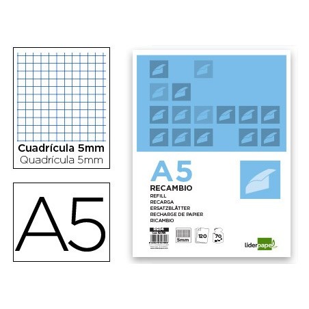 RECAMBIO LIDERPAPEL A5 120 HOJAS 75G/M2 CUADRO 5MM SIN MARGEN 6 TALADROS BANDAS DE 5 COLORES