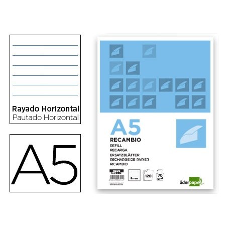 RECAMBIO LIDERPAPEL A5 120 HOJAS 80G/M2 HORIZONTAL SIN MARGEN 6 TALADROS BANDAS DE 5 COLORES