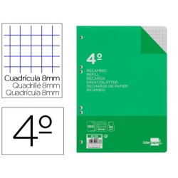 RECAMBIO LIDERPAPEL CUARTO 100 HOJAS 60G/M2 CUADRO 8MM CON M ARGEN 6 TALADROS