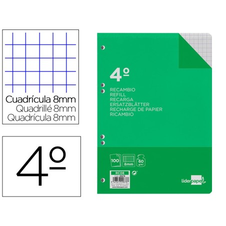RECAMBIO LIDERPAPEL CUARTO 100 HOJAS 60G/M2 CUADRO 8MM CON M ARGEN 6 TALADROS