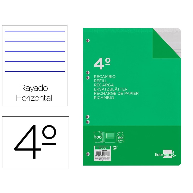 RECAMBIO LIDERPAPEL CUARTO 100 HOJAS 60G/M2 HORIZONTAL CON M ARGEN 6 TALADROS