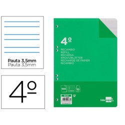 RECAMBIO LIDERPAPEL CUARTO 100 HOJAS 60G/M2 PAUTA 4  3.5MM C ON MARGEN 6 TALADROS