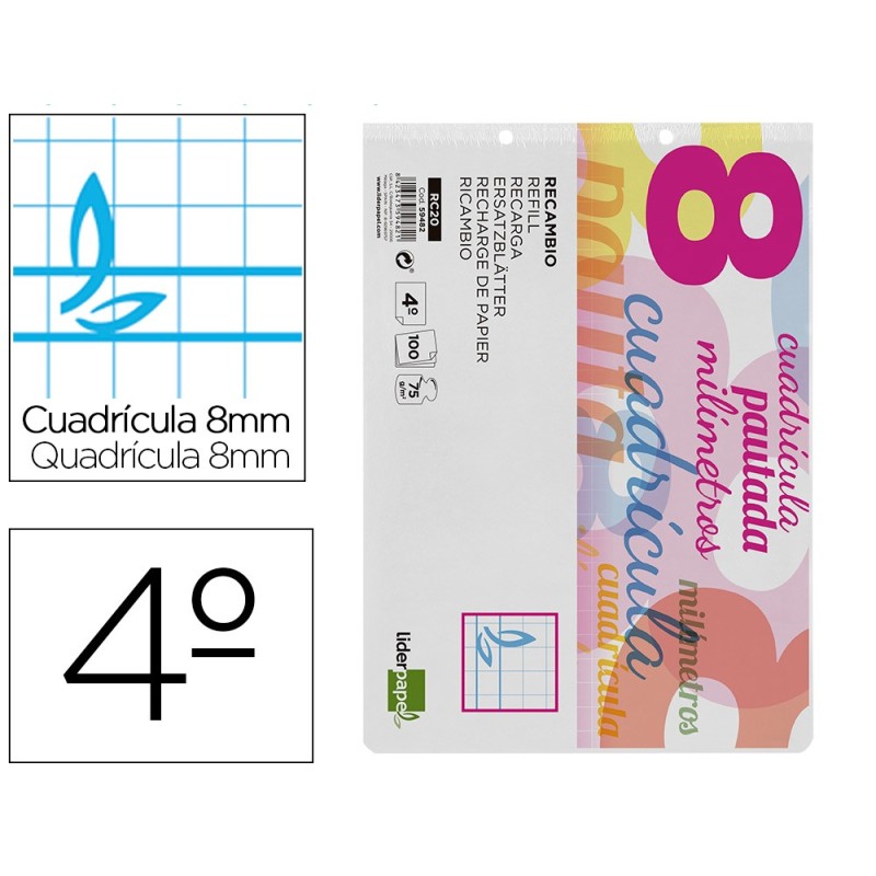 RECAMBIO LIDERPAPEL CUARTO PAUTAGUIA 100 HOJAS 75 G CUADRICULADO PAUTADO 8 MM CON MARGEN 2 TALADROS APAISADO