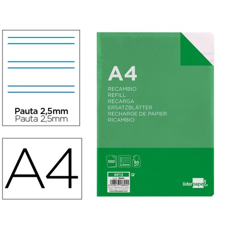 RECAMBIO LIDERPAPEL FOLIO 100 HOJAS 60G/M2 PAUTA 5  2.5MM CON MARGEN 16 TALADROS