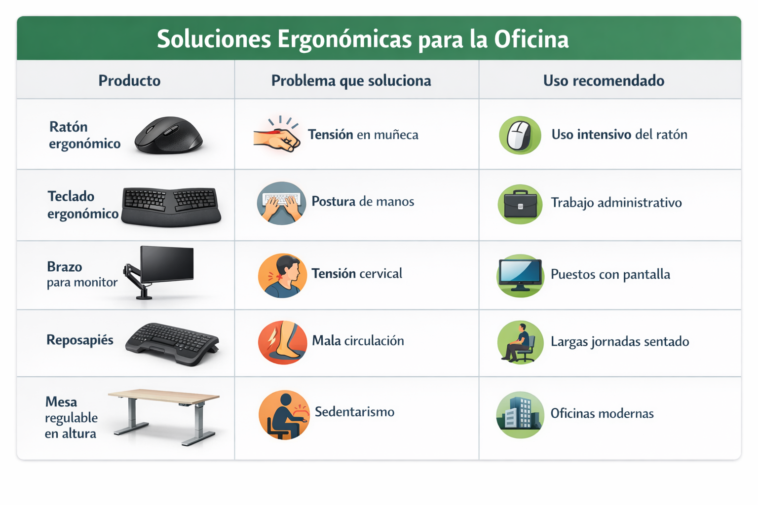 Tabla de soluciones ergonómicas para la oficina con comparativa de productos, problemas y usos.